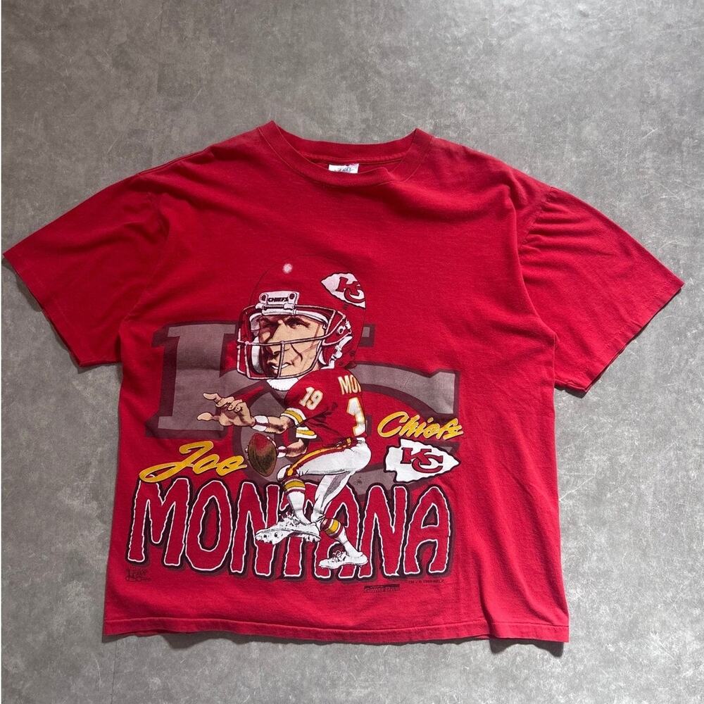 90s Vintage Kansas City Chiefs Joe Montana Caricature Red T-Shirt -XL